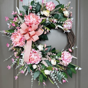 Spring Peony Wreath for Front Door, Peach Floral Wreath with Roses, Summer Grapevine Wreath, Country Cottage Wreath for Front Door,