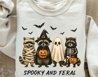 Spooky and Feral Raccoon Shirt, Funny Halloween Raccoon Sweatshirt, Cute Halloween T-Shirt, Funny Raccoon Shirt, Gift for Halloween