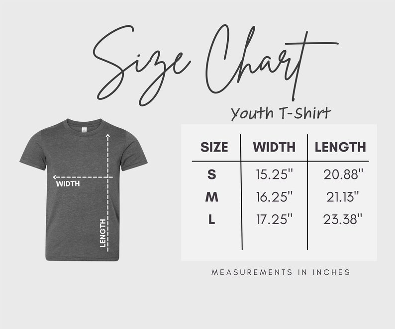 Puede incluir: Tabla de tallas para camisetas de ni&ntilde;os, que muestra las medidas de ancho y largo en pulgadas para las tallas S, M y L.