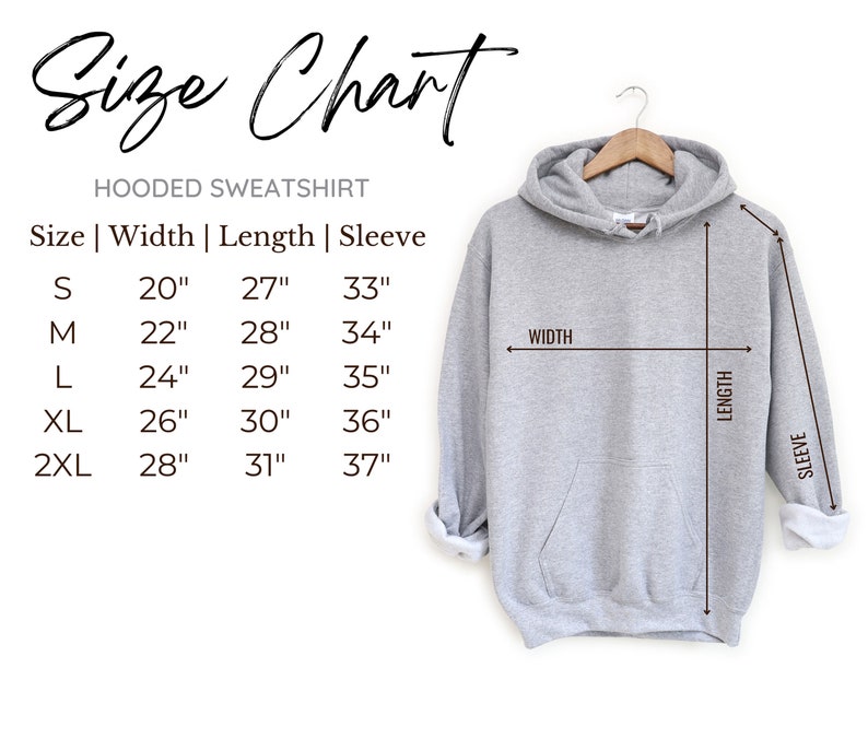 Puede incluir: Tabla de tallas para una sudadera con capucha con medidas en pulgadas para el ancho, la longitud y la longitud de la manga. Las tallas incluyen S, M, L, XL y 2XL.