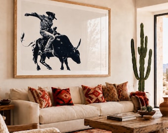 Gothic Western Bull Rider Print - Minimalist Rodeo Wall Decor