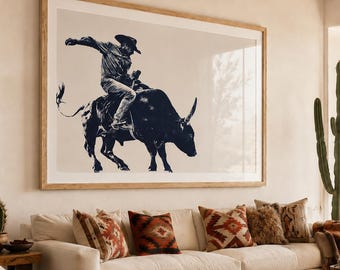 Gothic Western Bull Rider Print - Minimalist Rodeo Wall Decor