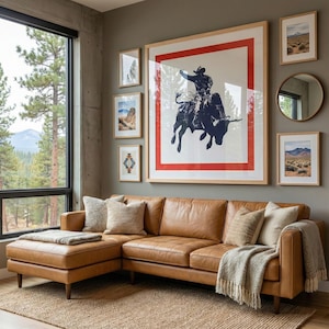 Cowboy and Bucking Bull Print: Southwestern Rodeo Art Framed