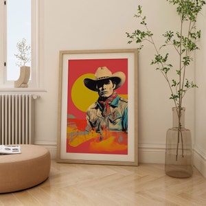 Framed Cowboy Pop Art Print, Cowboy Wall Art, Southwestern & Western Room Decor, Modern Ranch Decor, Howdy Print, Vertical