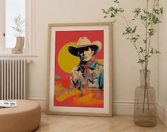 May include: A vintage-style poster featuring a man wearing a cowboy hat and a blue shirt. The background is a red, yellow, and orange color scheme.