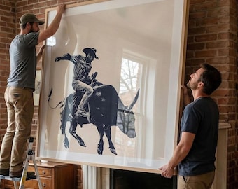Cowboy Bull Rider Art Print: Navy Blue Rodeo Wall Decor