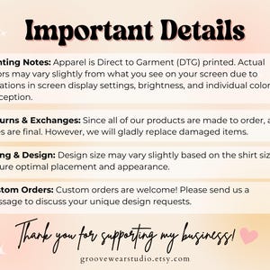 May include: Important details for apparel orders, including printing notes, returns and exchanges, sizing and design, and custom orders. The text also includes the website address groovewearstudio.etsy.com.