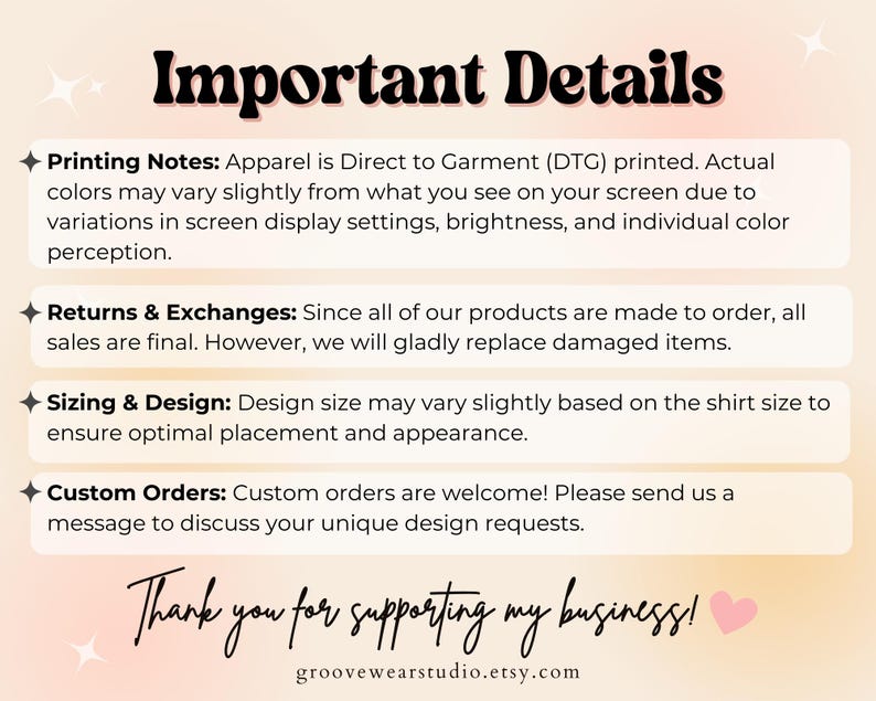May include: Important details for apparel orders, including printing notes, returns and exchanges, sizing and design, and custom orders. The text also includes the website address groovewearstudio.etsy.com.