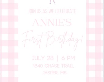 Classic PINK Gingham Girl Birthday Invitation Pink and White Party ...