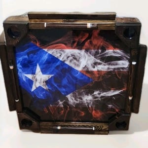 Handmade/Wooden Mesa de Domino Table Diseño Puerto Rico. Cupholders/Folding Legs-USA Made (Smoked Flag)