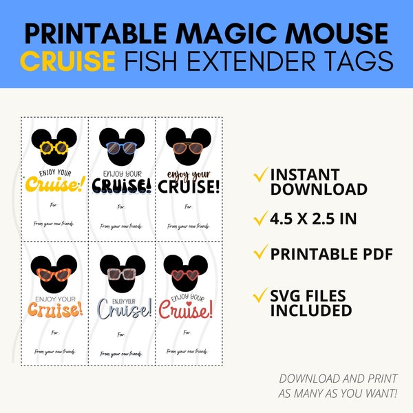 Printable Cruise Fish Extender Tags, Pixie Dust Gift Tags, Fish Extenders, Spring Break Sunglasses Cruise Tags, Vacation Magic Mouse