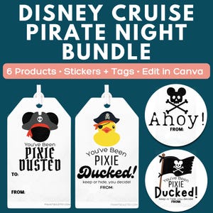 Pode incluir: Um pacote de produtos temáticos Disney Cruise Pirate Night. Inclui etiquetas e adesivos com designs temáticos de piratas. As etiquetas apresentam um Mickey Mouse pirata e um pato pirata. Os adesivos dizem "Ahoy!" e "You've Been Pixie Ducked!"
