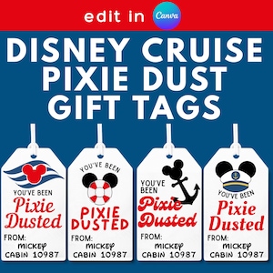 Könnte beinhalten: Vier weiße, rechteckige Geschenkanhänger mit weißen Schnüren und dem Text DISNEY CRUISE PIXIE DUST GIFT TAGS. Jeder Anhänger zeigt YOU'VE BEEN PIXIE DUSTED, FROM: MICKEY CABIN 10987 sowie Symbole wie einen roten Mickey-Kopf, Rettungsring, Anker und Kapitänsmütze.