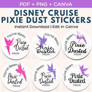 Rosa Pixie Dust-klistermärken Disney Cruise | Lila älvfiskförlängare presentetiketter | 5 cm cirklar kryssningsklistermärken | Direkt nedladdning