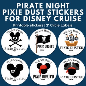 May include: A sheet of white, 2-inch circle labels with pirate-themed designs for a Disney Cruise. The labels feature pirate-themed Mickey Mouse heads, pirate flags, and a pirate ship. Text includes "Pirate Night" and "Pixie Dusted".