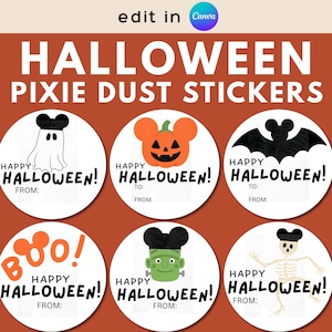 May include: Six circular Halloween stickers featuring white backgrounds and black text reading HAPPY HALLOWEEN! FROM:. Designs include a ghost, a pumpkin, a bat, the word BOO!, a Frankenstein monster, and a skeleton, all with mouse-ear silhouettes.