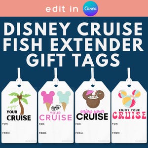Könnte beinhalten: Vier weiße rechteckige Geschenkanhänger mit weißen Schnüren, jeder mit einer einzigartigen Grafik und dem Text "ENJOY YOUR CRUISE" sowie "FOR:" und "FROM:" Zeilen. Die Grafiken zeigen eine Palme, zwei Eiswaffeln, ein Kokosnussgetränk und Strandbälle.