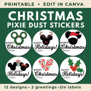 May include: Six circular stickers featuring mouse-ear silhouettes with holiday themes including wreaths, reindeer antlers, Santa hats, mistletoe, peppermint candies, and holly. Text includes Merry Christmas and Happy Holidays with From lines.