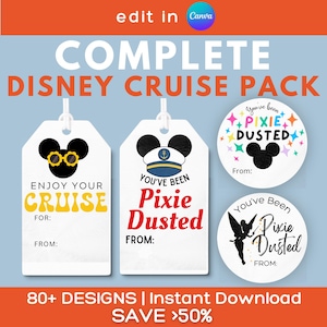 May include: A set of printable tags and circular stickers featuring Disney-themed graphics. The rectangular tags display Mickey Mouse ears with sunglasses or a sailor hat, while the round stickers feature colorful stars or a fairy silhouette.