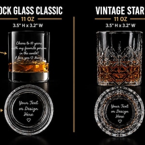 May include: Two 11 oz glass tumblers, Rock Glass Classic and Vintage Star, each 3.5 inches high by 3.2 inches wide. The Rock Glass Classic features side and bottom engraving options. The Vintage Star features bottom engraving only.