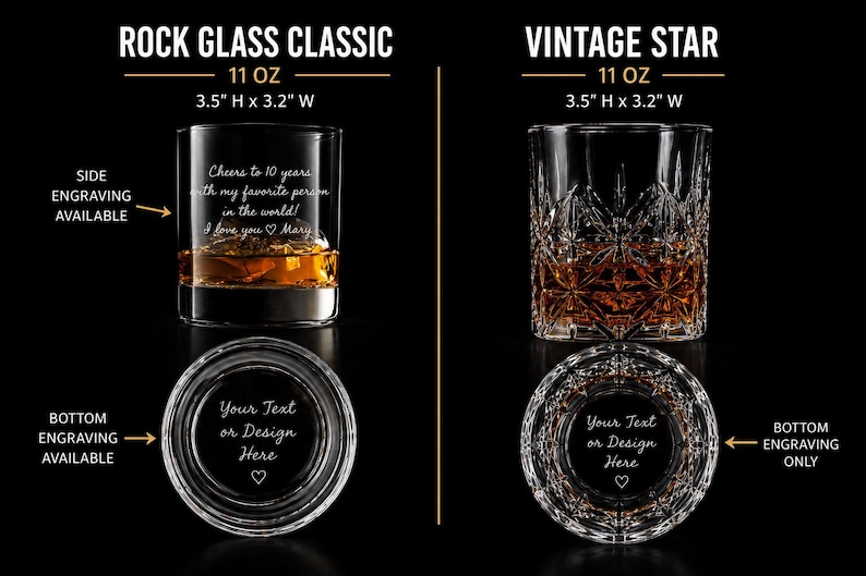 May include: Two 11 oz glass tumblers, Rock Glass Classic and Vintage Star, each 3.5 inches high by 3.2 inches wide. The Rock Glass Classic features side and bottom engraving options. The Vintage Star features bottom engraving only.