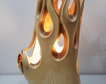 Lighting, wooden lamp, wood lighting, lamp, sculpture, lamp base, mood lamp, mood lighting, fire lamp,