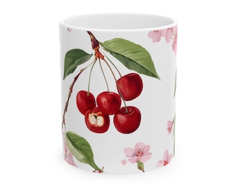 Kirschblüten-Becher, Geschenk für Kirschliebhaber - Keramikbecher (11 Unzen, 15 Unzen), Kirschgeschenk, Kirschdekor, Blumenbecher, Geschenk für Naturliebhaber,