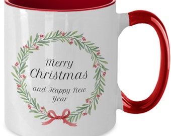 Merry Christmas Coffee Mug, Holiday Wreath Design