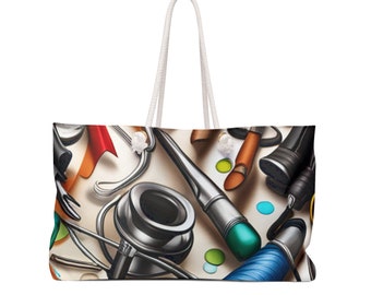 May include: A white tote bag with a colorful print of medical tools, including a stethoscope, a syringe, and a pair of tweezers.