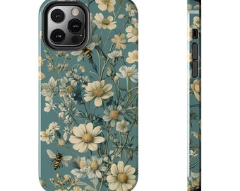 Floral Bee Tough Phone Case, Honeybee Protective Cover, Floral Pattern iPhone Case, Gift for Nature Lover, Botanical Phone Accessory