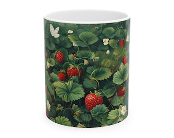 Strawberry Ceramic Mug, 11oz, 15oz - Farmhouse Kitchen Decor, Gift for Berry Lover, Red Fruit Tea Cup, Gardening Mug, Cute Summer Drinkware,