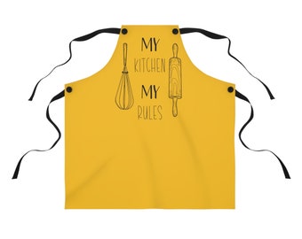 May include: Yellow kitchen apron with black straps and the text "My Kitchen My Rules" with a whisk and rolling pin graphic.