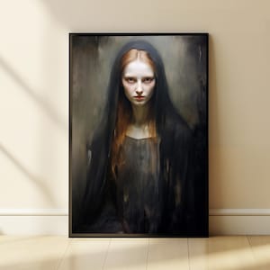 Bidtheewell Kobieta z rudymi włosami Oprawiona sztuka ścienna Portret Oprawiona duża galeria sztuki Gotowa do powieszenia Nowy prezent do domu Prezent dla rudowłosej Gotyk