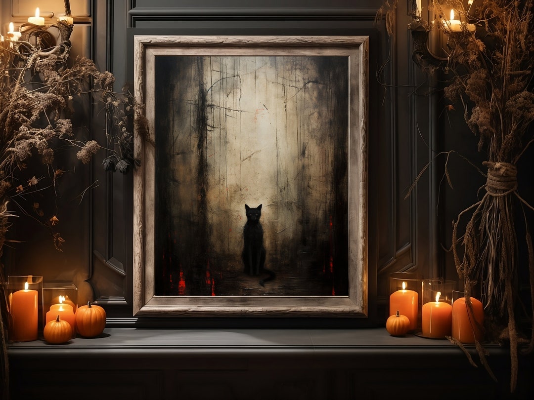Halloween Cat Art Print, Spooky Black Cat Wall Decor (digital Download ...