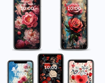 May include: Five floral phone wallpapers featuring different arrangements of red, pink, and white roses. The wallpapers have a digital clock displaying "10:00" and the date "Wednesday, January 10".