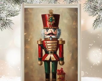 May include: A vintage-style painting of a wooden nutcracker soldier in a red and gold uniform, holding a sword and standing next to a small wrapped gift. The background is a muted brown.