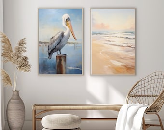 Paquete de impresiones digitales de pelícano y playa de Bidtheewell, decoración de pared náutica imprimible, decoración de pared del océano, arte imprimible, decoración de pared con impresión de playa