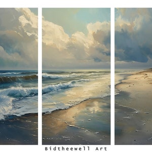 Könnte beinhalten: Ein Gemälde, das eine Meereslandschaft mit einem Sandstrand und Wellen zeigt, die an das Ufer brechen. Der Himmel ist mit fluffigen weißen Wolken gefüllt und die Sonne scheint hell. Das Gemälde ist in drei Abschnitte unterteilt, die jeweils einen anderen Teil der Szene zeigen.