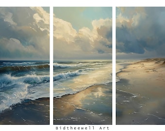 Bidtheewell Beach Triptych 3-częściowy pakiet wydruków cyfrowych Dekoracja ścienna z motywem oceanu do wydrukowania Dekoracja ścienna z trzema panelami do wydrukowania Sztuka do wydrukowania Sztuka ścienna z motywem nadmorskim