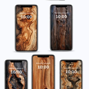 May include: Five different wood grain iPhone wallpapers. Each wallpaper features a different wood grain pattern and a digital clock displaying the time 10:00. The text "Wednesday, January 10" is displayed above the clock.