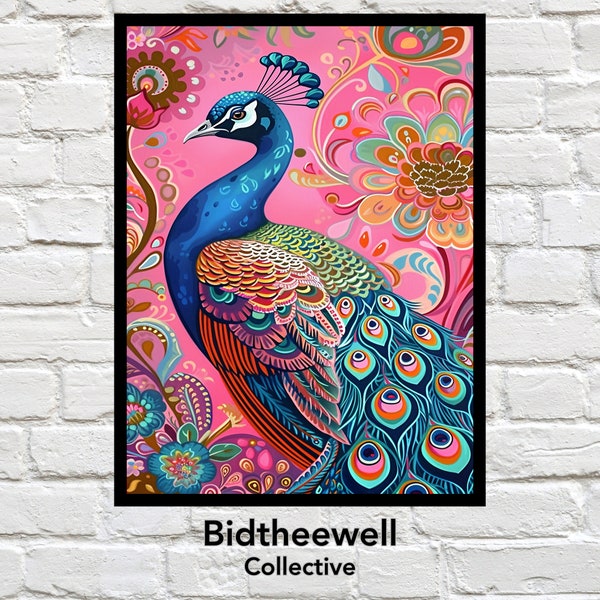 Bidtheewell Colette Peacock Digital Print Wall Decor Printable Maximalist Unique Peacock Lover Gift Hollywood Regency Style Wall Art