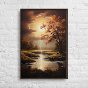 Bidtheewell Autumn Creek Oprawiona ścienna sztuka Zachód słońca Oprawiona duża galeria sztuki Krajobraz Sztuka Gotowa do powieszenia Nowy dom Prezent Sztuka biurowa