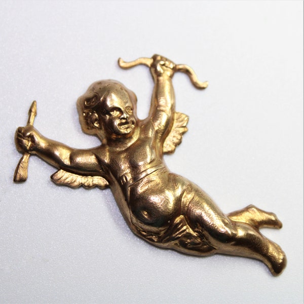 2 pieces Vintage Baroque Cupid with bow and arrow 40mm Brass stamping 1980's