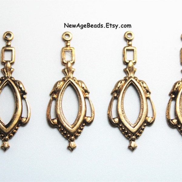 4 Victorian Style Marquise Frame Charm/Pendant Raw Brass Stamping 37x15mm