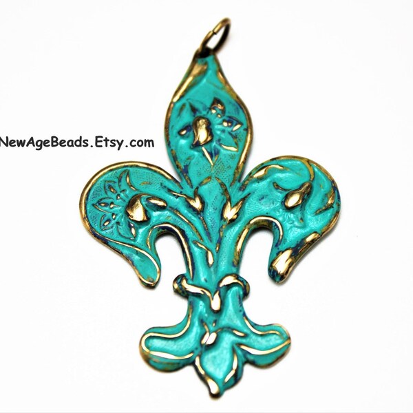 FLEUR DE LIS, Hand-painted Verdigris patina'd and glazed large 54x36.5mm pendant,  (Optional Chain)