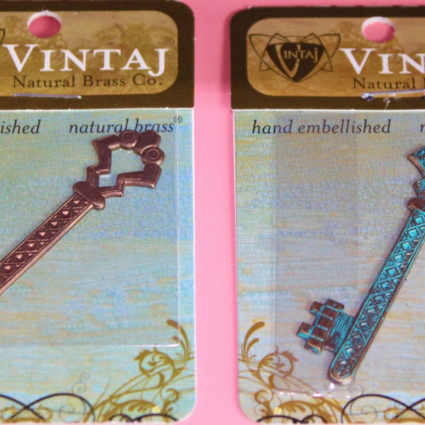 Gate Keys 55x15mm Large Vintaj Natural Brass, (Select: Natural Plain or Verdigris Hand painted), 1 Piece