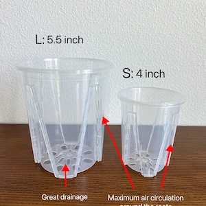 May include: Two clear plastic plant pots with drainage holes and a grid pattern on the sides. The larger pot is 5.5 inches in diameter and the smaller pot is 4 inches in diameter. The text "Great drainage" and "Maximum air circulation around the roots" is written below the pots.