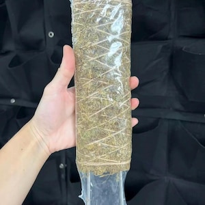 May include: A cylindrical plant support wrapped in clear plastic. The support is filled with dried moss and secured with twine. The item is held in a person's hand against a dark background.