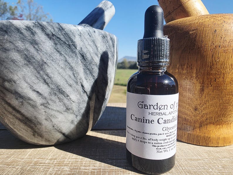 May include: A dark glass bottle with a dropper, labelled "Garden of Herbal Apothecary Canine Candida". A grey and white marble mortar and pestle are in the background, along with a wooden mortar. The bottle contains a dark liquid.