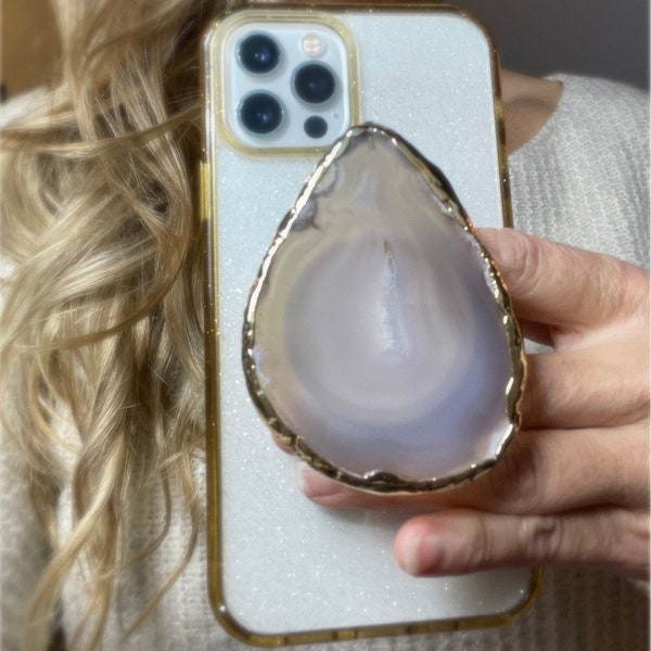 Stone with gold trim phone grip - Natural Agate stone phone holder - Gemstone accessory for phone, tablet, kindle